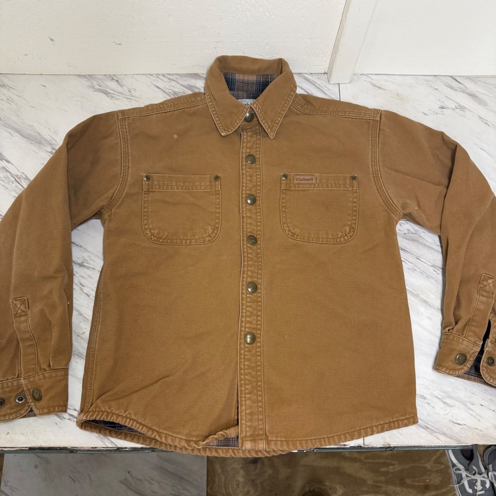 Carhartt Kids Brown Canvas Flannel Lined Shirt Jacket Snap Front Workwear